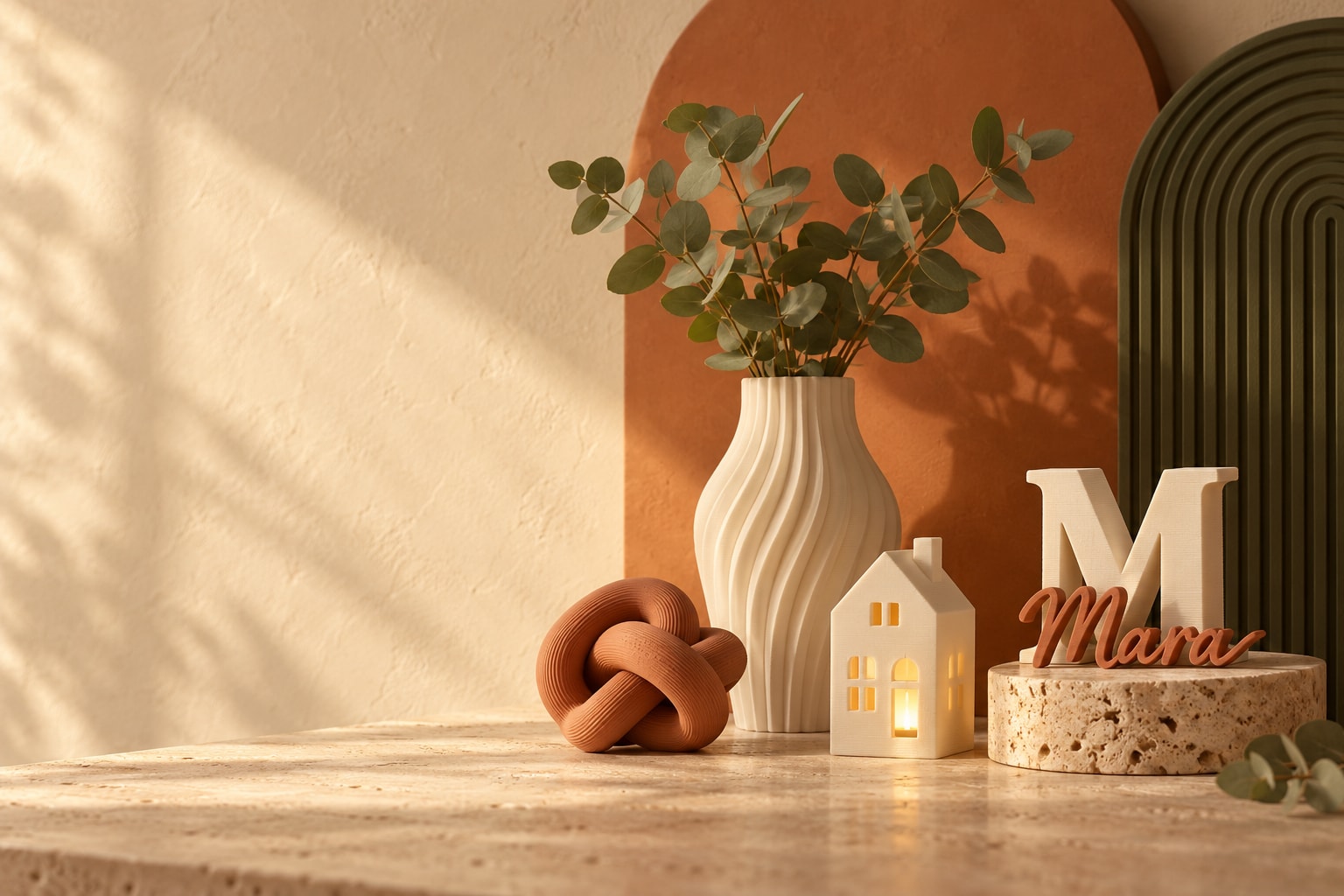 Warme compositie van een golvende vaas, terracotta knoop, huisje en persoonlijk naamontwerp