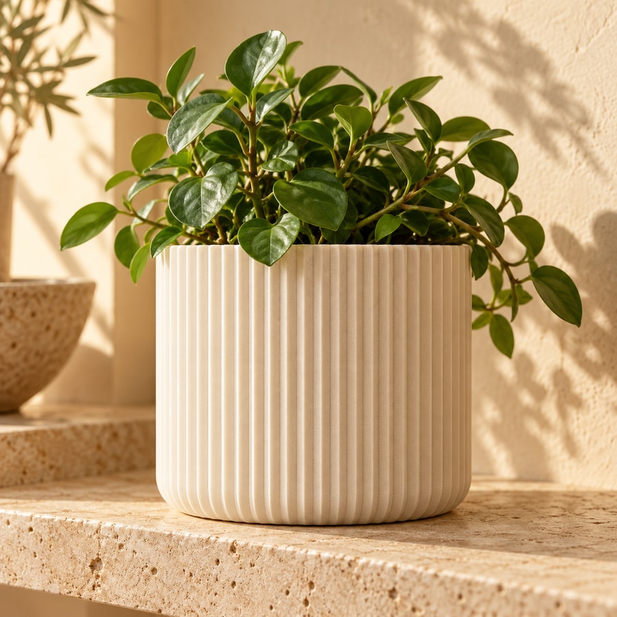 Geribbelde plantenpot in warme productfotografie